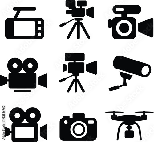 Different camera types, Camera silhouette icon set.