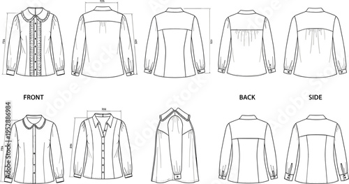 Women Blouse Technical Drawing Set with Front, Back and Side Views, Fashion Flat Sketch Template
