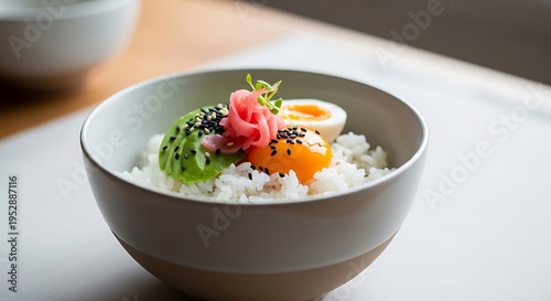 Exquisite rice bowl adorned with avocado, egg yolk, and pink ginger