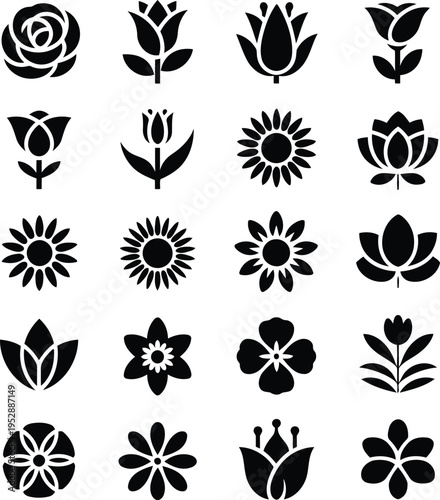 Flower silhouettes icon set, flat vector illustration. 