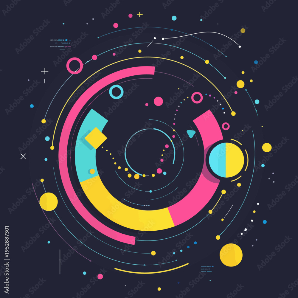 Obraz premium Abstract geometric design with colorful circular shapes on dark background