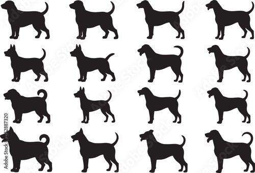 Collection of various dog breeds in silhouette on white background