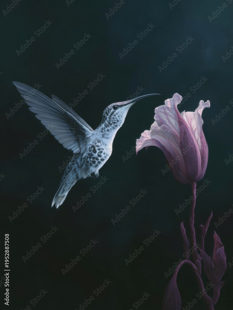Naklejka premium Digital illustration of a hummingbird hovering near a pink tulip. the hummingbird is in mid-flight, with its wings spread wide and its beak open as if it is about to take flight.