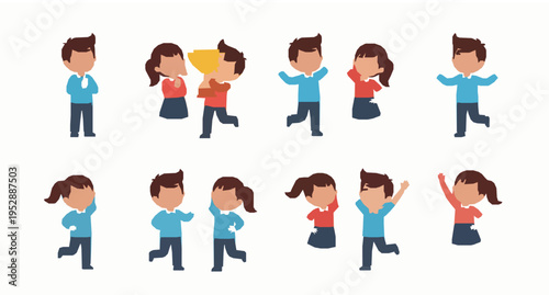 Cute kids celebrating success set boy and girl with trophy clapping and dancing happy children flat vector illustration isolated on white