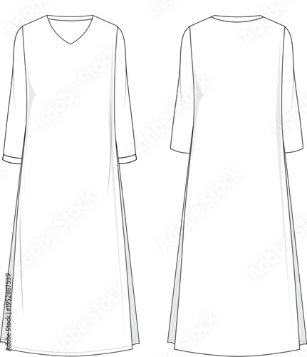 A minimalist V-neck midi dress flat sketch design template.
