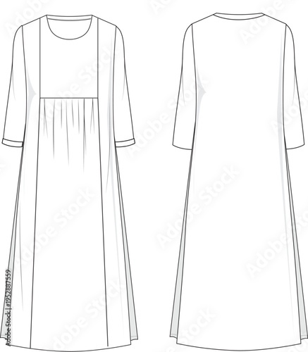 A round neck midi dress technical flat sketch with a pleated front detail.