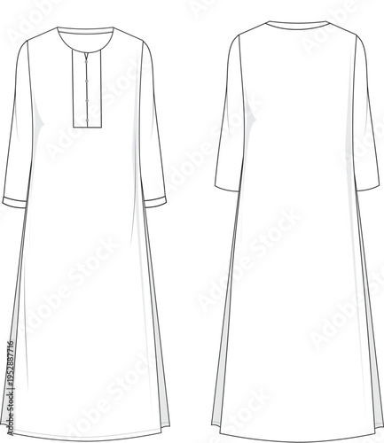 A simple round neck midi dress with a short button placket flat sketch.