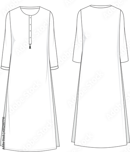 A chic midi dress technical flat sketch with a tassel detailed button placket.
