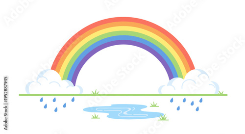 Bright Rainbow Arching Over Clouds and Raindrops, Hopeful Symbol