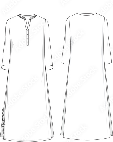 An elegant V-neck midi dress technical flat sketch with a detailed collar.