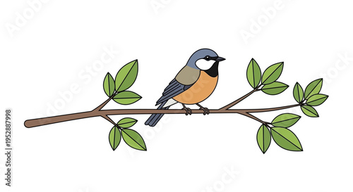 Small Bird Perched on a Branch with Green Leaves, Illustration