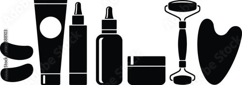 Facial skincare products and tools silhouette. 