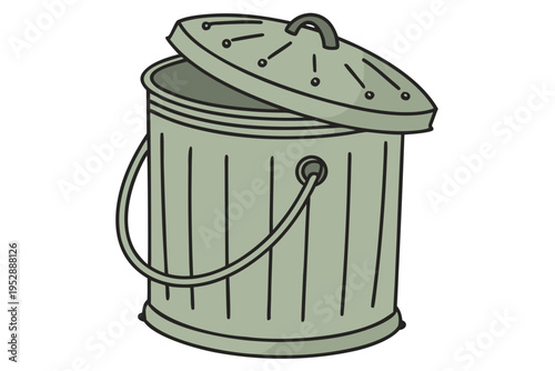 A green metal trash can with a lid