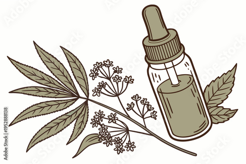 A dropper bottle with hemp leaves and dill flowers