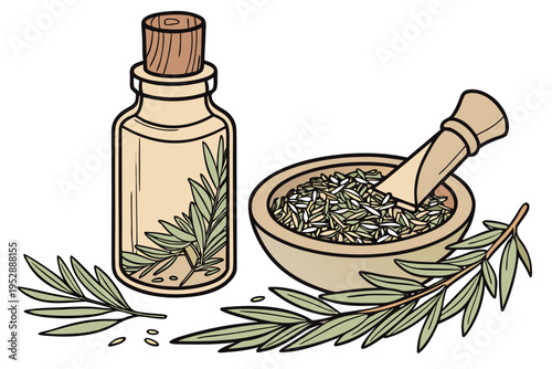 A bottle and mortar with herbs and seeds