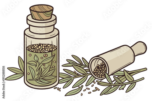 A bottle of oil with seeds and leaves