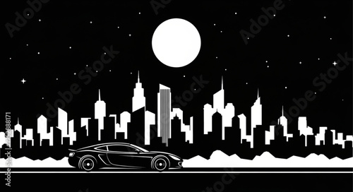 Car Drives Through City Night.