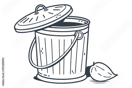 A trash can with a lid and a piece of garbage