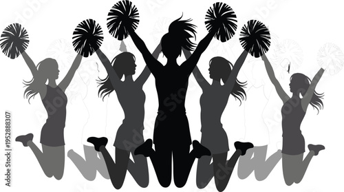 Silhouette of jumping cheerleader girls team with pom poms, vector group of women in sport action