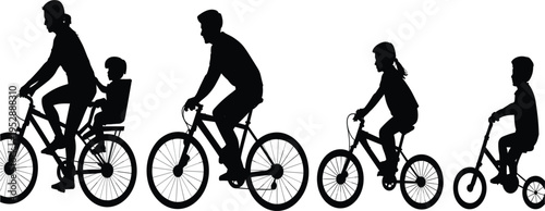 Happy family riding bicycles silhouette, parents with children on bikes, outdoor summer activity, white background