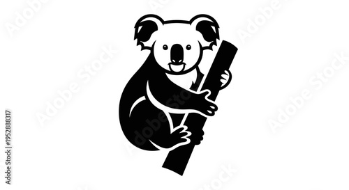 Black and white koala bear holding a tree branch