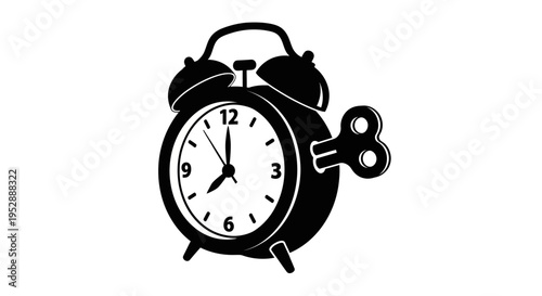 Black and white illustration of an alarm clock ringing loudly now