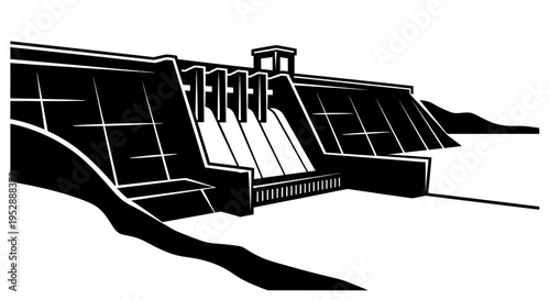 Black and white illustration of a dam with a control tower on top