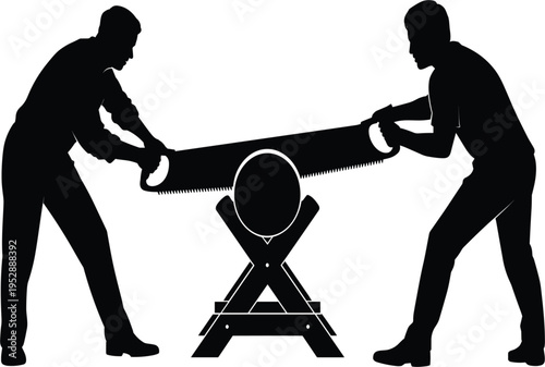 Man silhouette cutting wood with hand saw for DIY home improvement, carpentry and manual labor