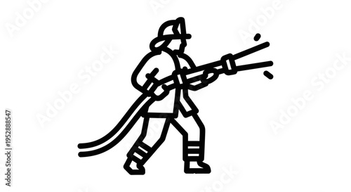 Firefighter spraying water from hose in dynamic stance