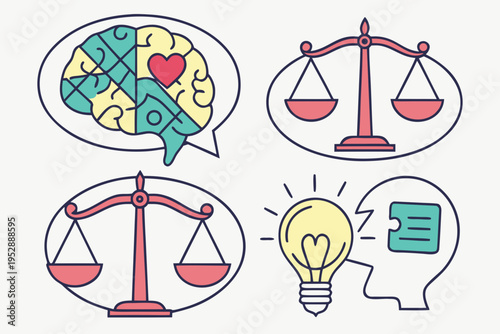 A set of four line icons with scales, brain, light bulb and jigsaw