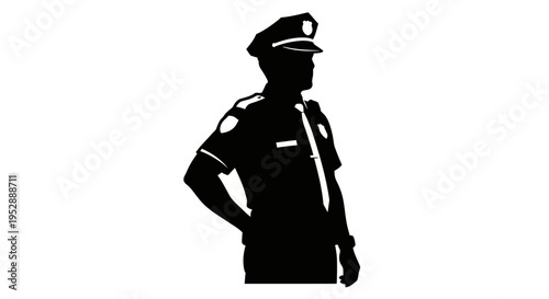 Silhouette of a police officer standing in a confident pose against a plain background.