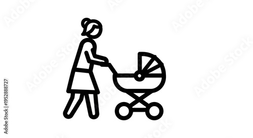 Silhouette of a woman pushing a baby stroller with a baby seated inside. The illustration is simple and uses clean black and white tones. The figure is in motion.