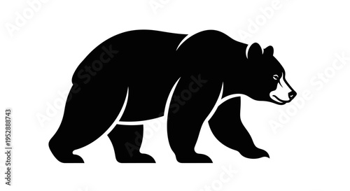 Black silhouette of a bear walking on a plain white background with a prominent snout and rounded ears. Design style is minimalistic.