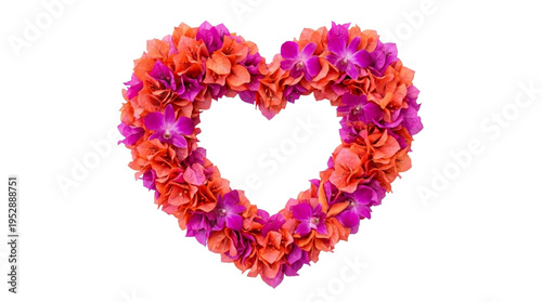 Heart shape decoration of orange and fuchsia blossoms isolated on pure white