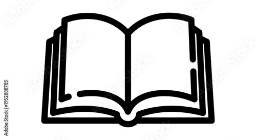 Black and white illustration of an open book with visible pages and a bookmark protruding from the top.