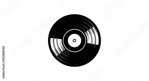 Black and white illustration of a vinyl record with visible grooves and a central label.