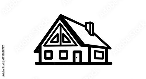Minimalist black and white illustration of a small house with a chimney and a triangular roof.