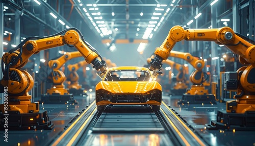 Automated Assembly Line: High-tech robotic arms meticulously work on a sleek, yellow car within a futuristic automated assembly line, symbolizing innovation, precision.
