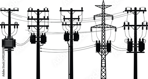Electric power pole with high voltage transformer silhouette set, transmission tower, utility cable grid, energy distribution infrastructure, industrial electricity vector.