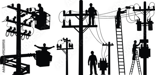 Electrician lineworker repairing power pole silhouette set, electrical utility maintenance worker, high voltage transformer repair, industrial energy grid technician vector.
