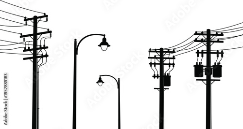 Electric utility pole with transformer silhouette set, street light lamp post, high voltage power line, urban energy distribution grid infrastructure.