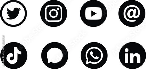 Set of black circular social media icons including popular platforms like Instagram and YouTube isolated on white background for modern digital marketing and web design.