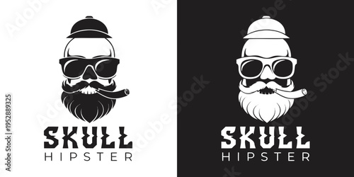 Skull hipster with a beard and a mustache with a cigar in his mouth. Monochrome vector illustration on white and dark background. vector icon
