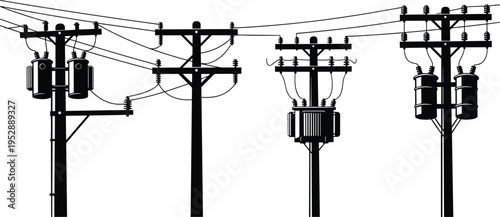 Black silhouette collection of electrical utility poles with high voltage transformers and power lines isolated on a clean white background.