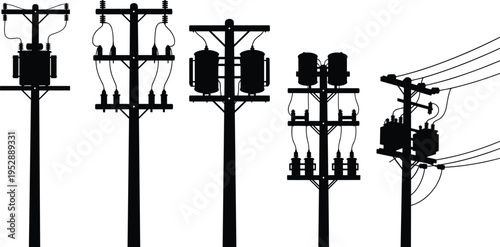 Electric power pole with high voltage transformer silhouette collection, utility line transmission, street light post, energy infrastructure, industrial cable set.