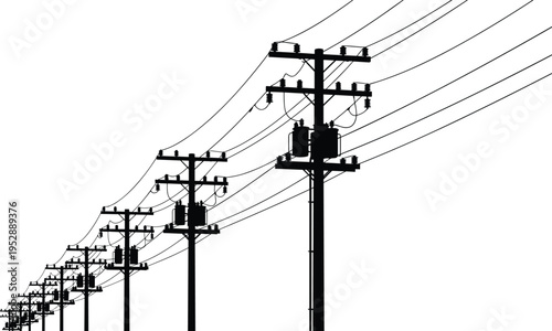 Black silhouette of multiple utility poles with electrical transformers and power lines receding into the distance against a white background.