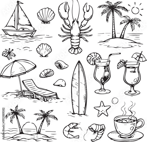 Beach and sea icons including seafood and vacation objects