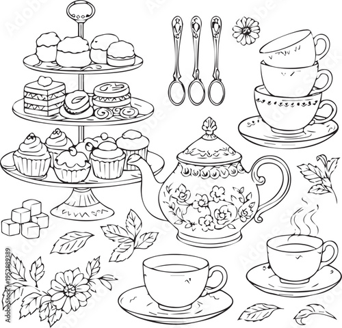 Delightful tea party scene with teacups, teapot, and sweet treats