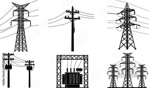 Collection of black electricity pylons and power line silhouettes including high voltage transmission towers and transformer icons on white background.