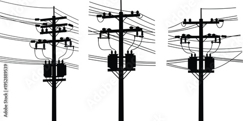 Electric Utility Pole Silhouette Vector Set Featuring High Voltage Power Lines Transformers and Distribution Cables for Industrial Energy Infrastructure and Engineering